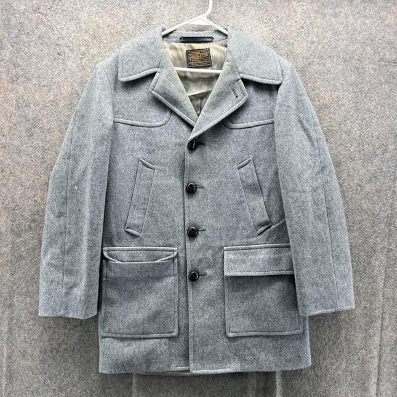 Vintage Pendleton Coat Mens 42 Gray Wool Overcoat Field Pockets Lined Hunting